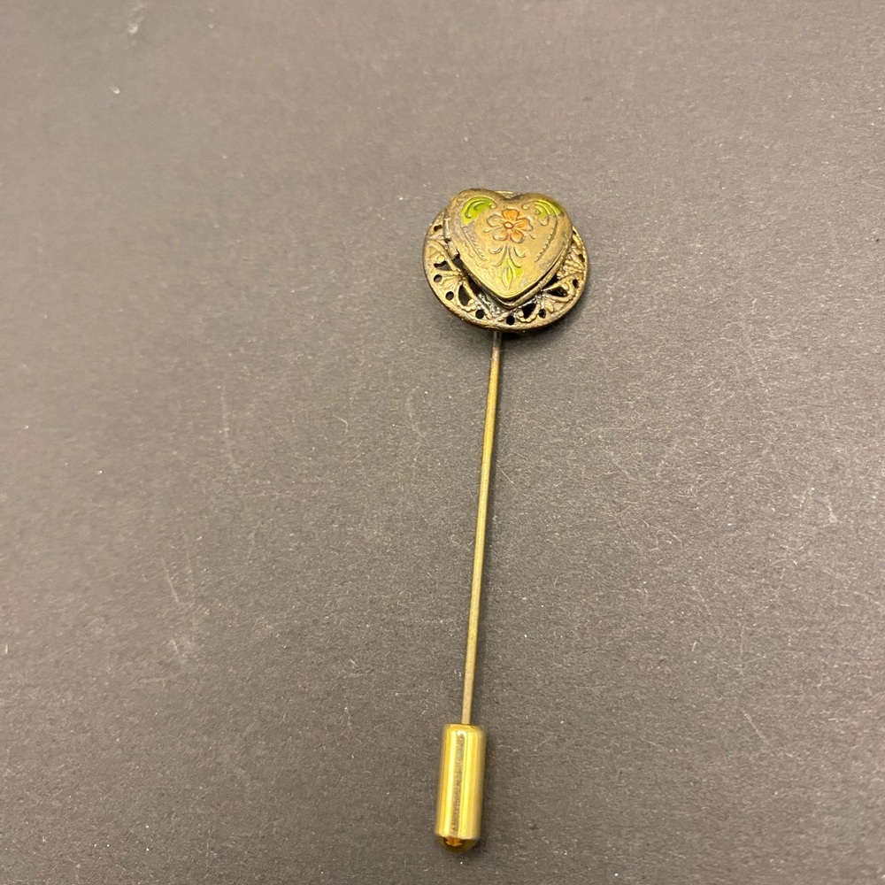 Vintage Heart Locket Floral Stick Pin - Gold-Tone Accent